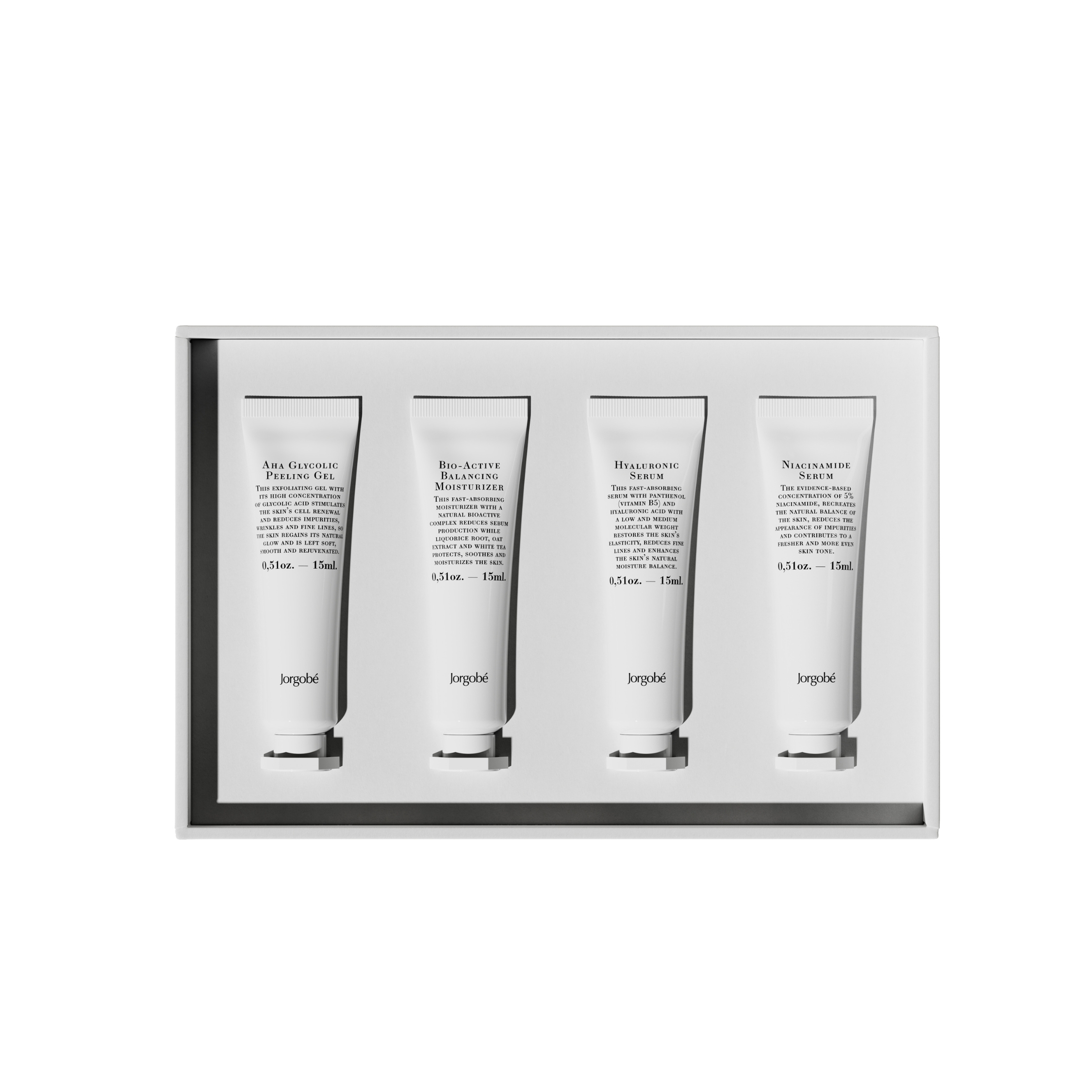 Jorgobé zestaw: serum do twarzy z niacynamidem, 15 ml + nawilżający krem do twarzy, 15 ml + złuszczający żel do twarzy, 15 ml