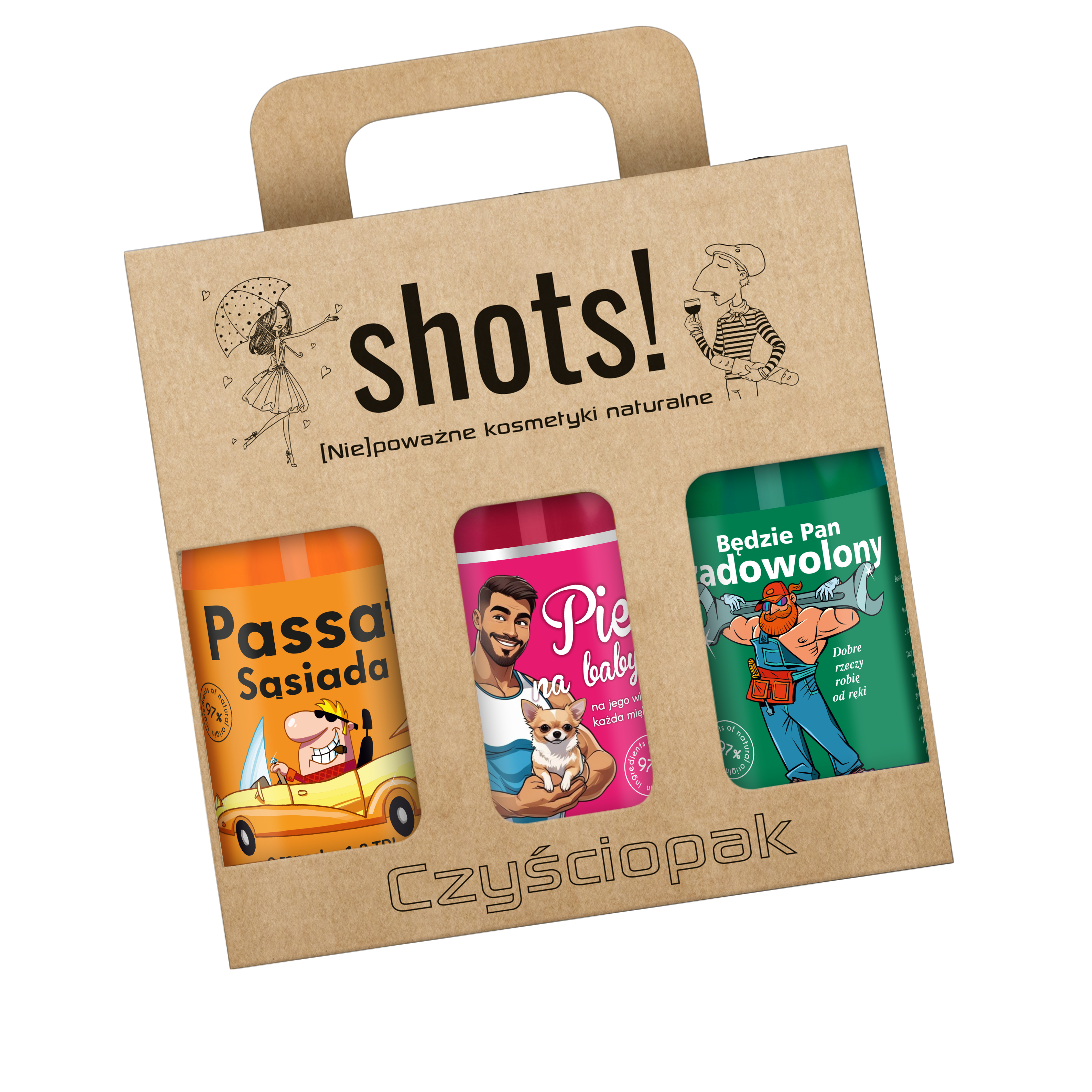 Shots! Czyściopak zestaw: żel pod prysznic Passat Sąsiada, 500 ml + żel pod prysznic Pies na Baby, 500 ml + żel pod prysznic Będzie Pan Zadowolony,...