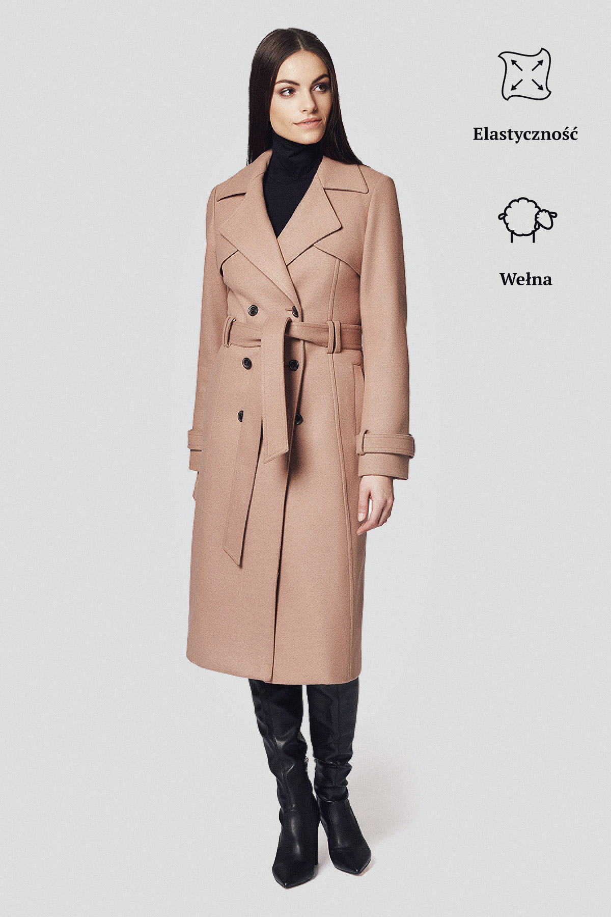 Lancerto Płaszcz Jasnobeżowy z Wełną Dwurzędowy Damski Maren