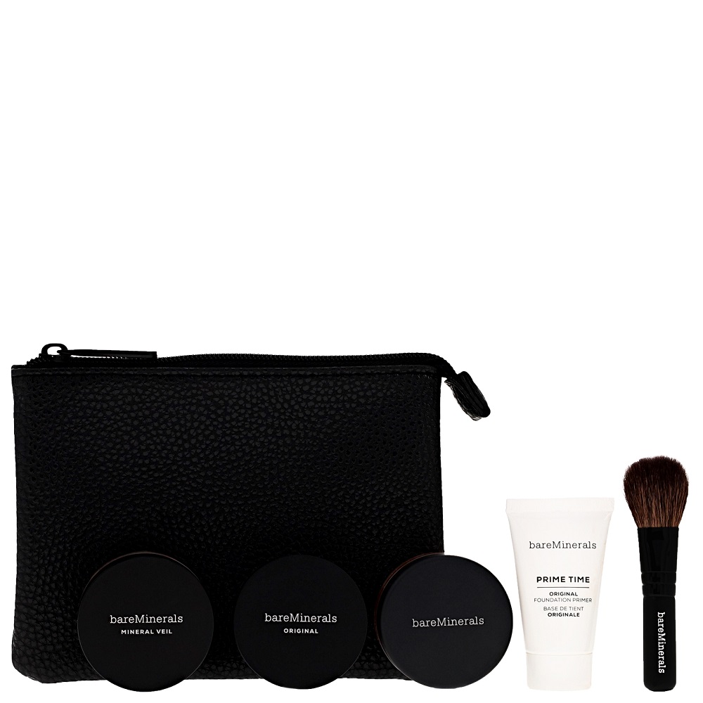 bareMinerals On The Go zestaw: baza pod makijaż, 15 ml + sypki podkład mineralny, 2 g + puder, 2 g + puder brązujący, 1,5 g + pędzel, 1 szt. + kosm...