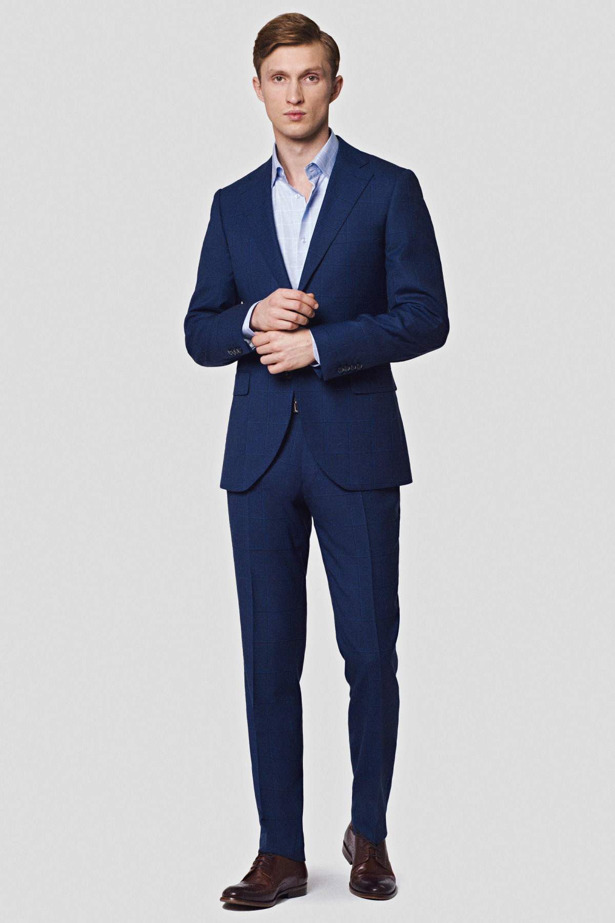 Lancerto Garnitur Granatowy Wełniany w Niebieską Kratę Bangkok