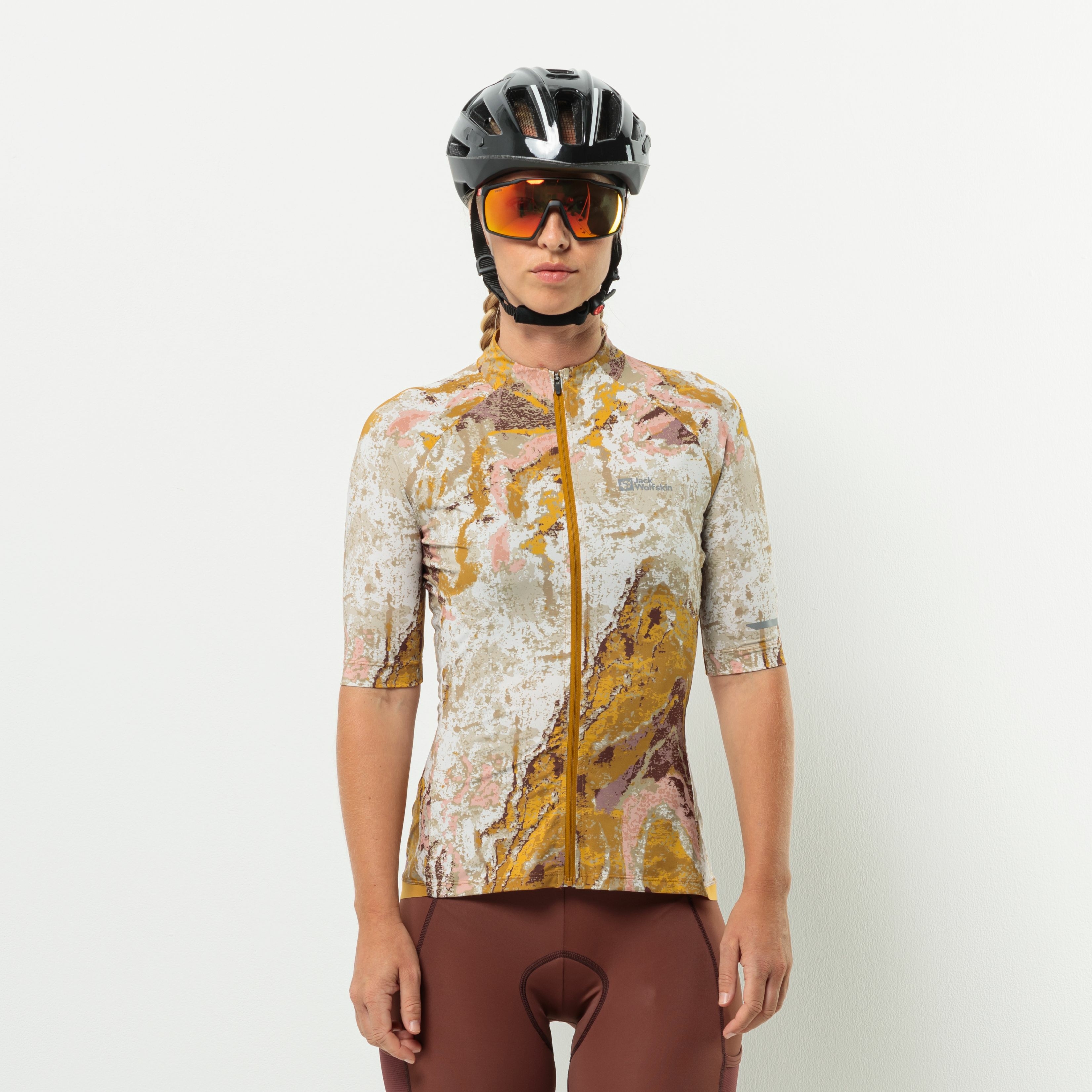 Damska koszulka rowerowa Jack Wolfskin GRAVEX PRINTED FZ S/S W STRATA salted caramel - XXL