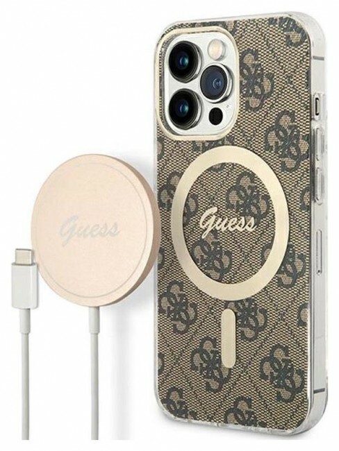 Guess Zestaw Etui Magsafe + Charger 4G Gold Brown - zestaw etui iPhone 13 Pro i ładowarka