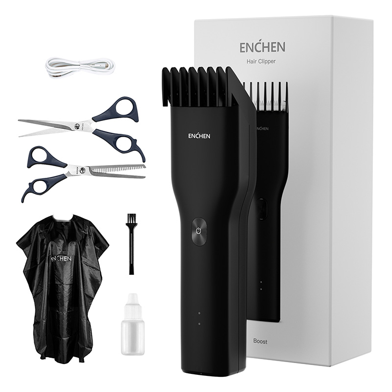 Enchen Boost-B Set zestaw: maszynka do strzyżenia czarna, 1 szt. + nożyczki fryzjerskie, 2 szt. + peleryna fryzjerska, 1 szt. + szczoteczka do czys...