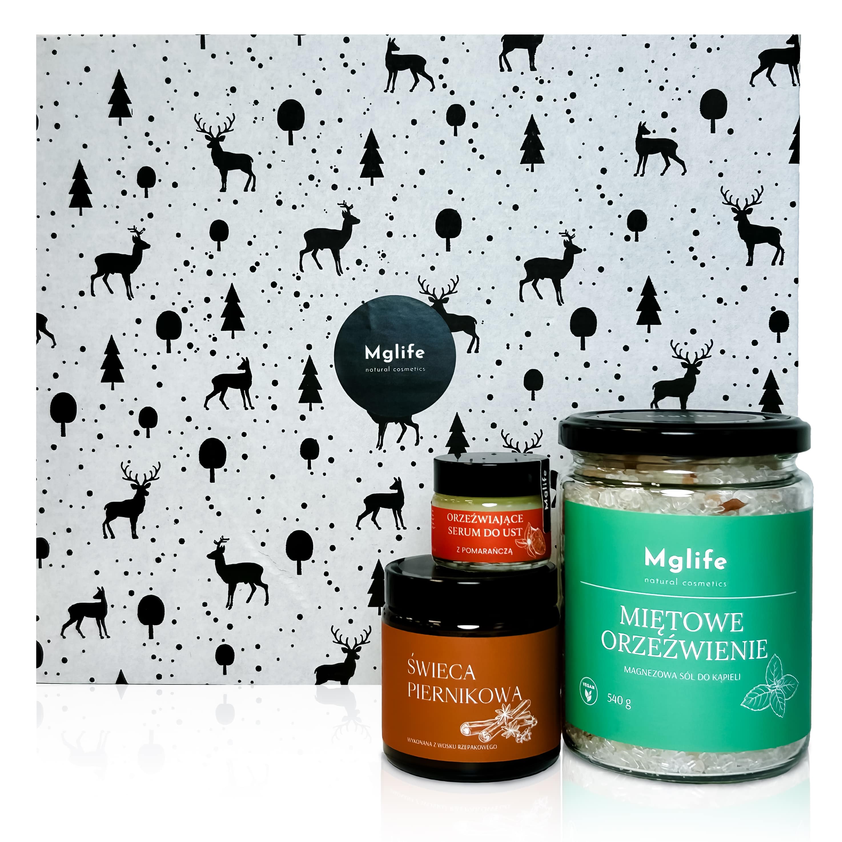 Mglife Miętowe Orzeźwienie zestaw: świeca piernikowa, 120 ml + magnezowa sól do kąpieli miętowe orzeźwienie, 540 g + serum do ust z pomarańczą, 15 ml