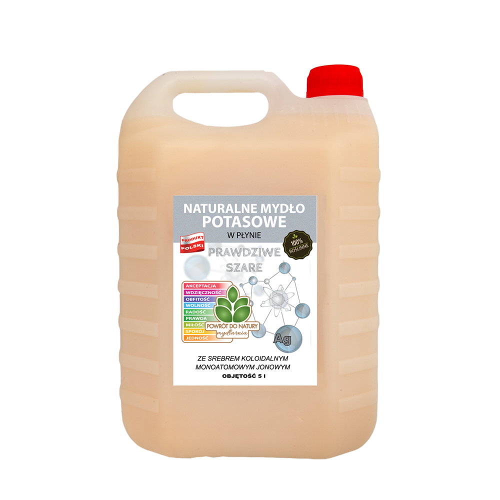 Powrót do natury Prawdziwe szare 100% roślinne naturalne mydło potasowe w płynie ”prawdziwe szare” ze srebrem monojonowym, 5 l