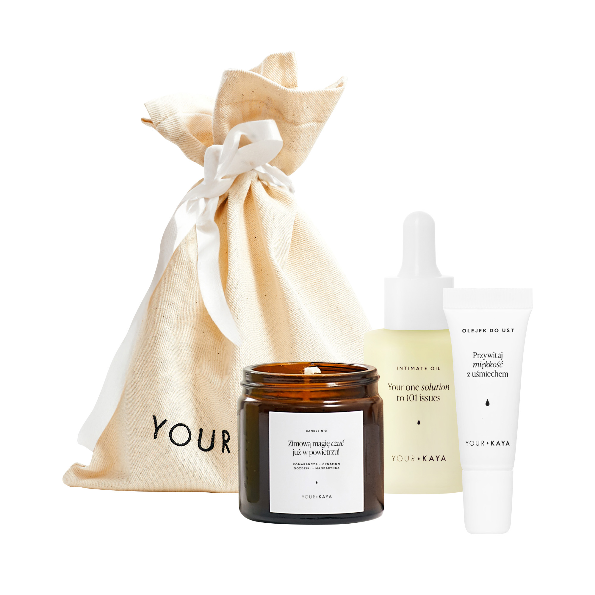 Your Kaya zestaw: olejek intymny, 30 ml + olejek do ust, 10 ml + świeca, 60 ml + worek, 1 szt.