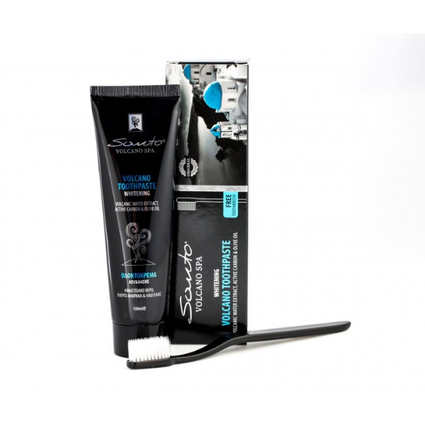 Santo Volcano Spa zestaw: wybielająca czarna pasta do mycia zębów z węglem aktywnym, 100 ml + szczoteczka do mycia zębów, 1 szt.