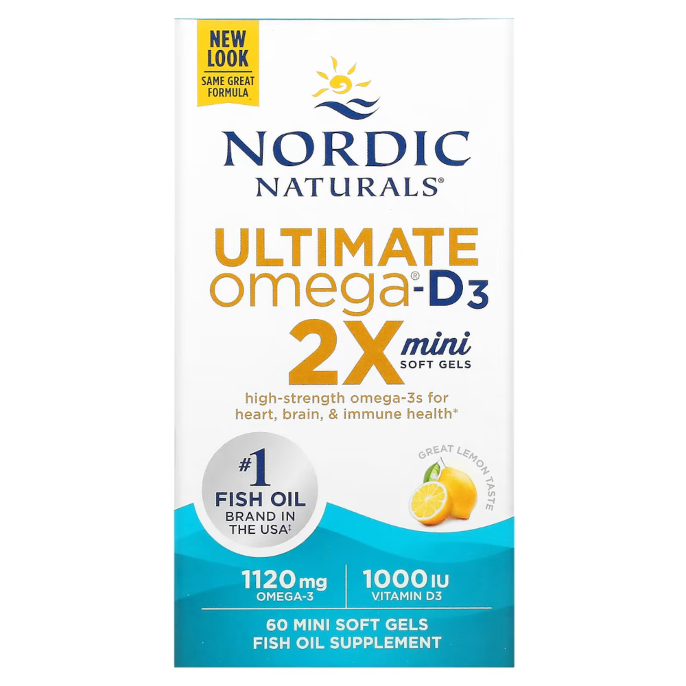 Nordic Naturals Ultimate Omega 2X Mini suplement diety Omega 2X mini z witaminą D3, 1120mg, smak cytrynowy, 60 kaps./1 opak.