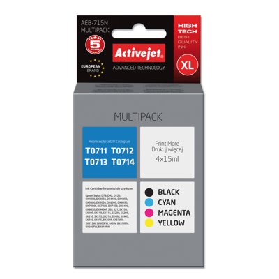 Zestaw tuszów ACTIVEJET do Epson T0715 Czarny 15 ml, Błękitny 15 ml, Purpurowy 15 ml, Żółty 15 ml  AEB-715N