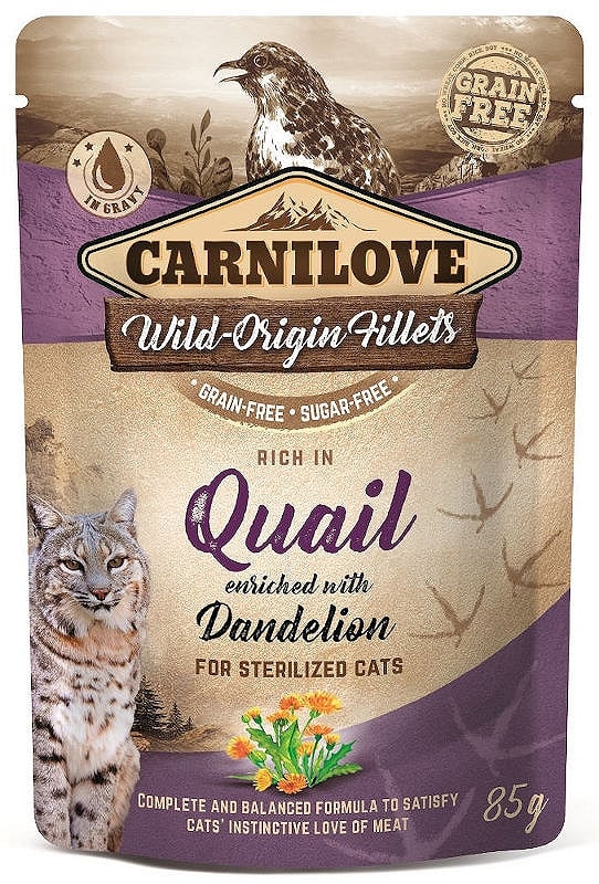 CARNILOVE Cat Pouch Quail with Dandelion 85g mokra karma dla kotów sterylizowanych Przepiórka z mniszkiem lekarskim