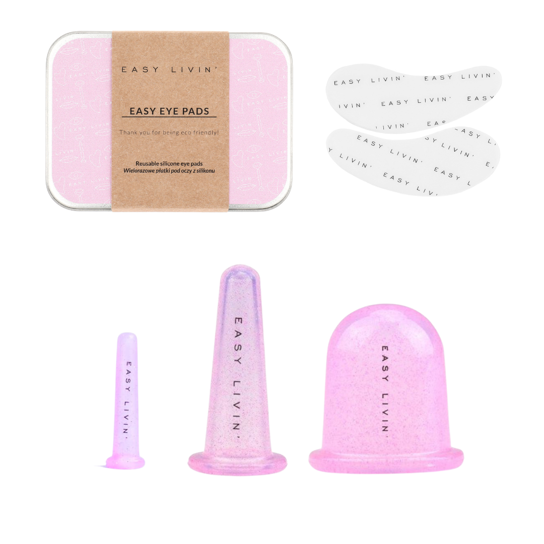 Easy Livin' zestaw: bańki silikonowe do masażu twarzy, okolic oczu oraz ciała, 3 szt. + easy eye pads - wielorazowe płatki pod oczy z silikonu, 2 szt.