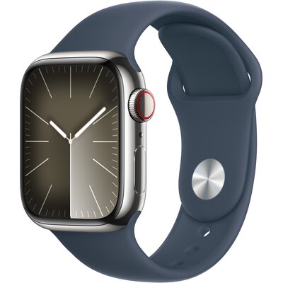 APPLE Watch 9 GPS + Cellular 41mm koperta ze stali nierdzewnej (srebrny) + pasek sportowy S/M (sztormowy błękit)
