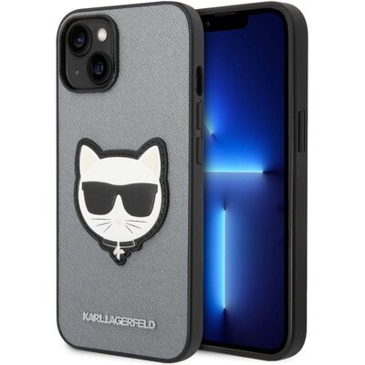 Etui KARL LAGERFELD Saffiano Choupette Head Patch do Apple iPhone 14 Srebrny