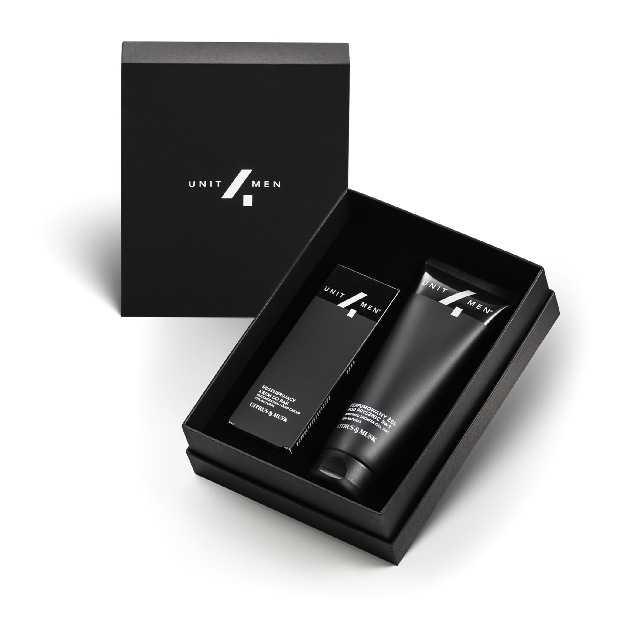 Unit4men Citrus&Musk  zestaw: regenerujący krem do rąk, 75 ml + perfumowany żel pod prysznic 3w1, 200 ml