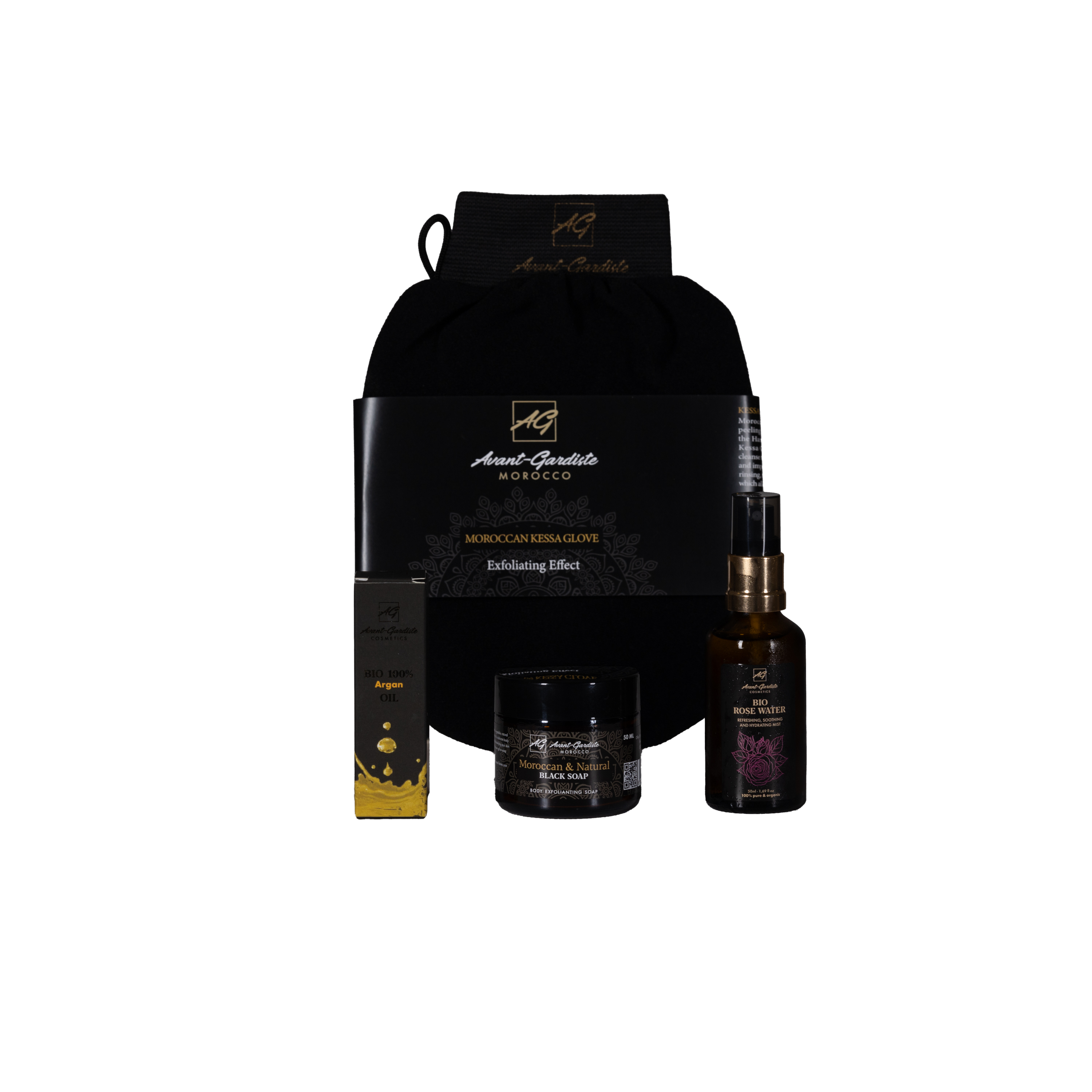 Avant-Gardiste zestaw: rękawica Kessa, 1 szt. + czarne mydło, 50 ml + hydrolat różany, 50 ml+ 100% olej arganowy, 10 ml
