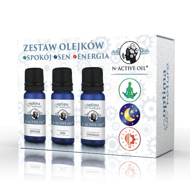 Optima Natura N-Active Oil zestaw: olejek eteryczny Spokój, 10 ml + olejek eteryczny Sen, 10 ml + olejek eteryczny Energia, 10 ml
