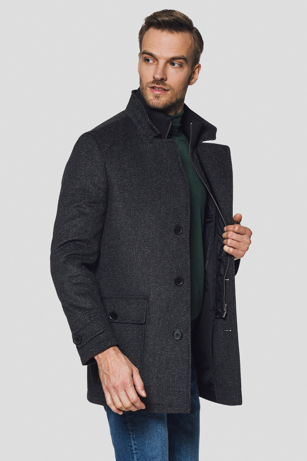 Lancerto Płaszcz ze Stójką Szary z Wełną Timor