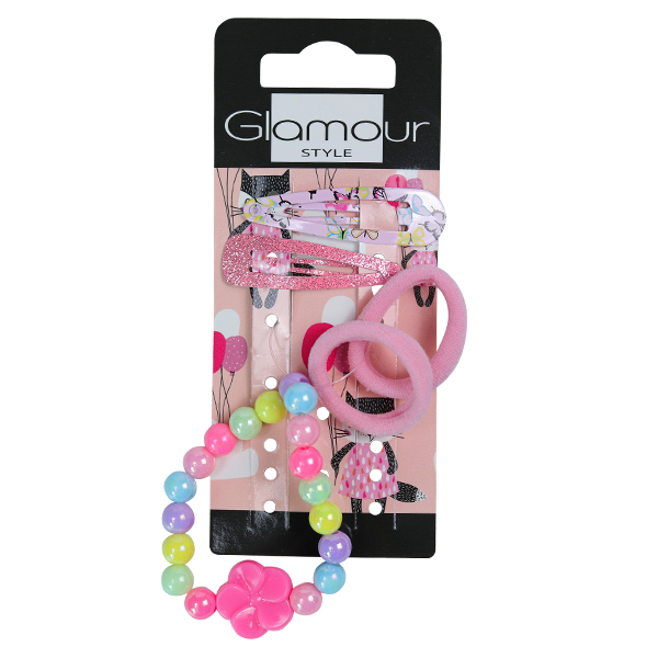 Glamour Kids zestaw: gumki do włosów, 2 szt./1 opak. + spinki do włosów, 2 szt./1 opak. + bransoletka, 1 szt./1 opak.