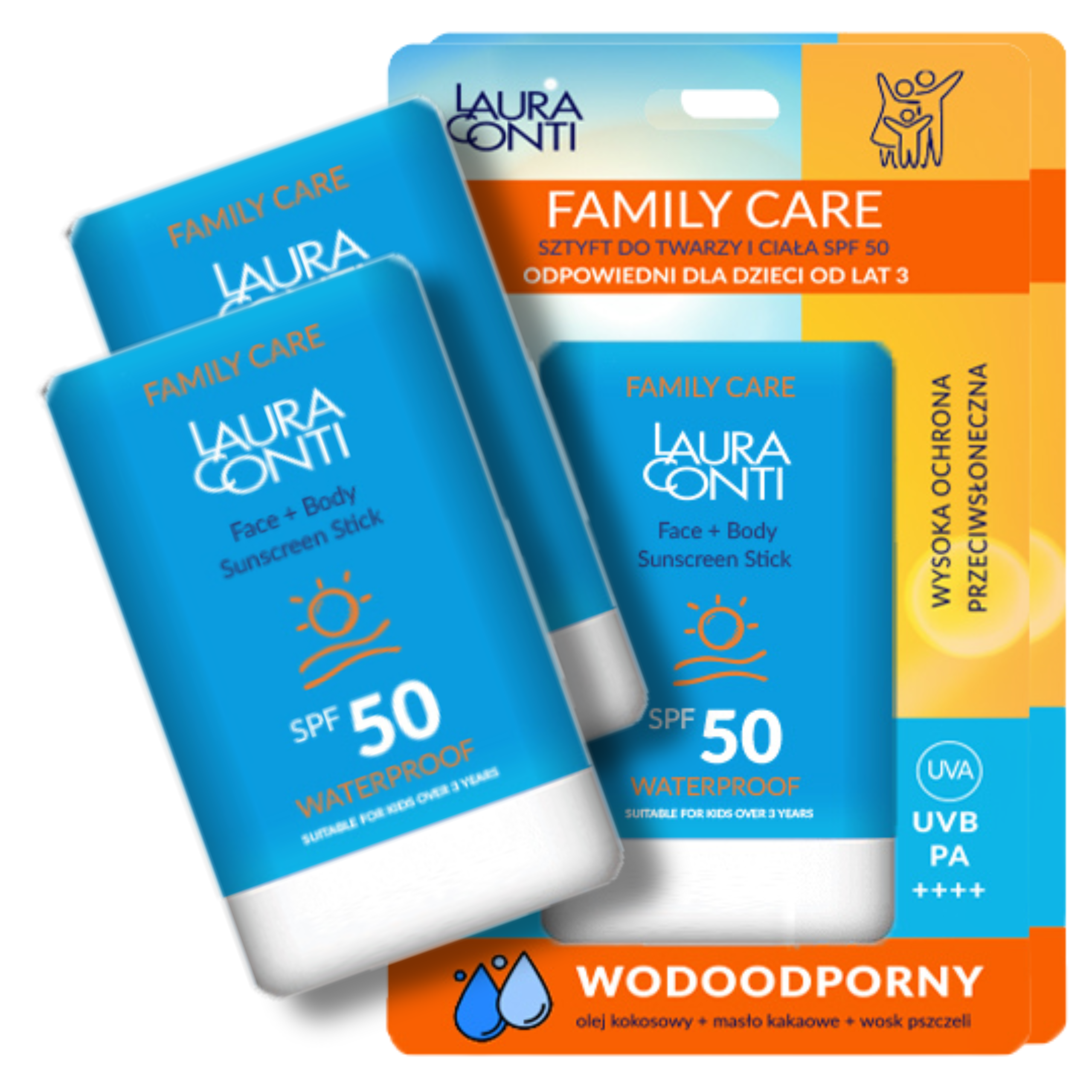 Laura Conti przeciwsłoneczny sztyft do twarzy i ciała z SPF 50 wodoodporny, 2x20 g