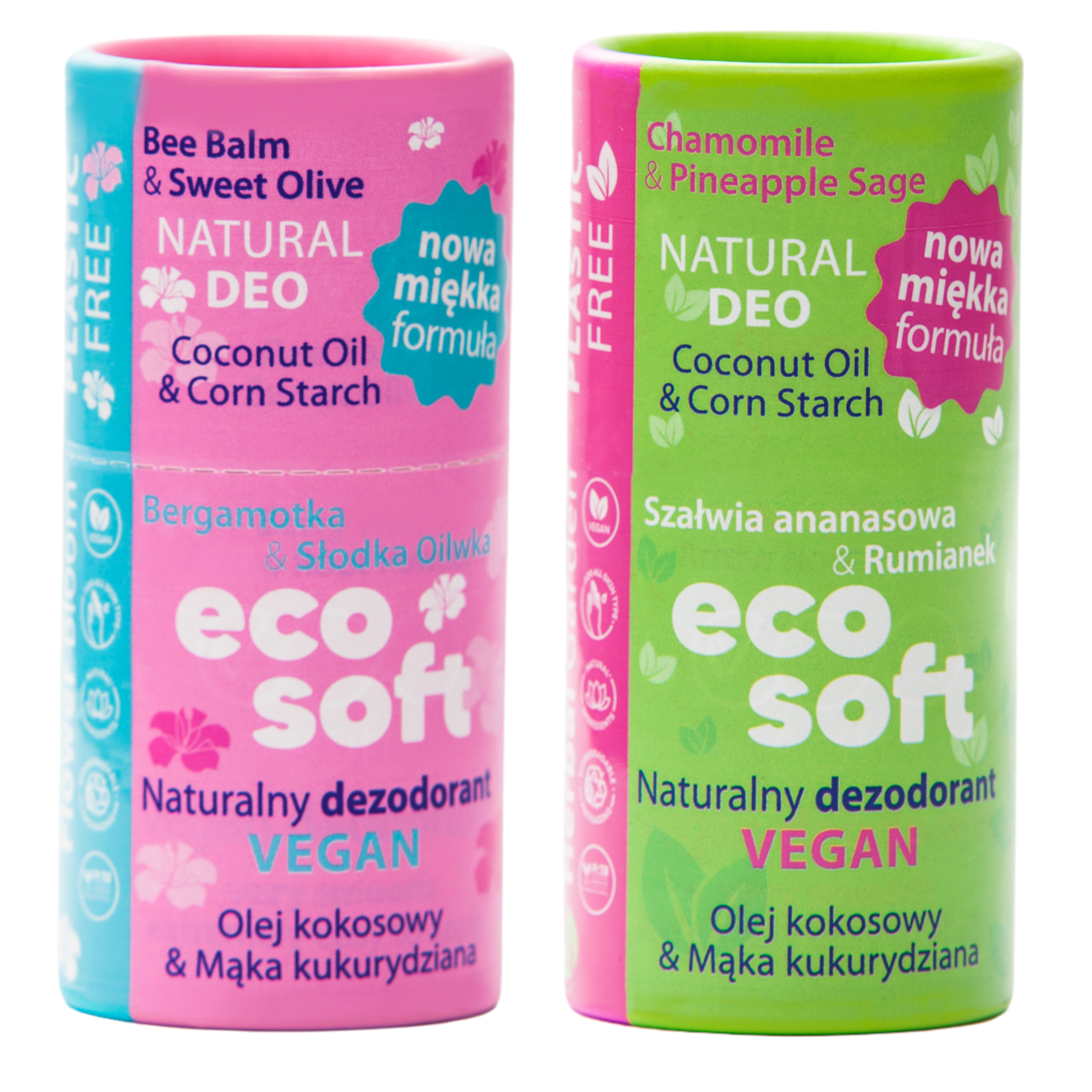 Eco Soft Ecosoft Deo Flower zestaw: naturalny dezodorant damski bez aliminium Flower Bloom, 50 g + dezodorant damski Herbal Garden, 50 g