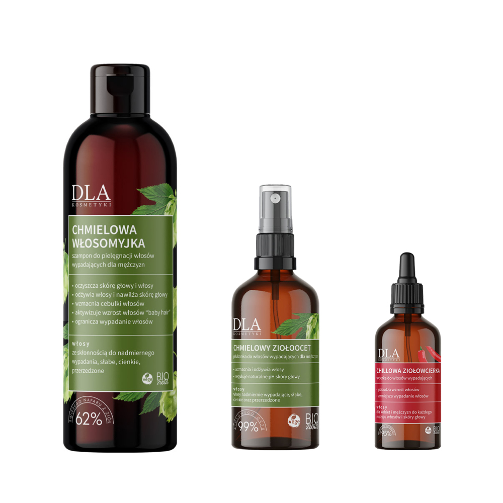 Kosmetyki DLA zestaw: chmielowa włosomyjka - szampon do włosów wypadających, 200 g + chillowa ziołowcierka dla kobiet i mężczyzn, 50 g + chmielowy ...