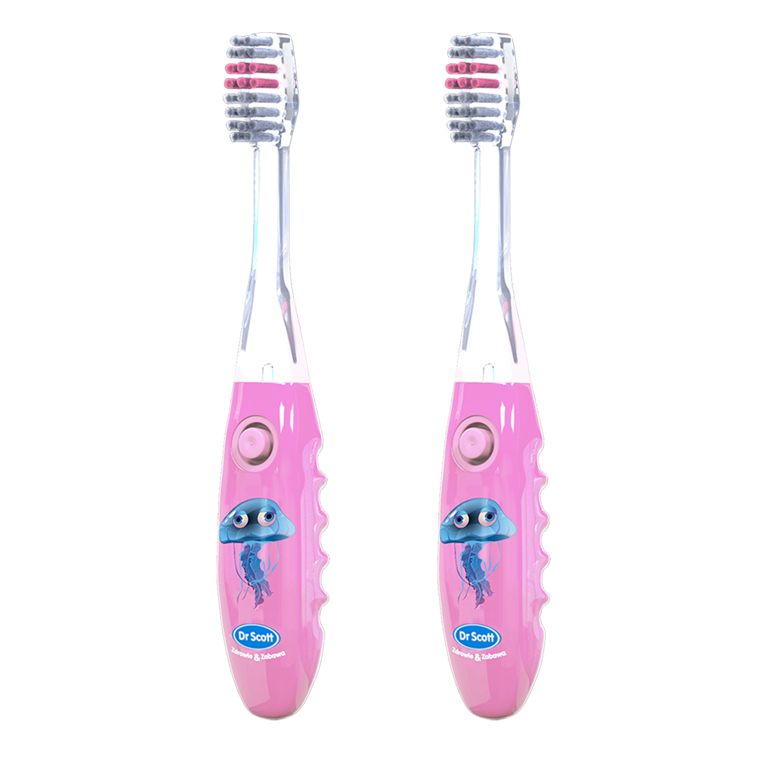 Dr Scott zestaw: szczoteczka do zębów dla dzieci z minutnikiem różowa, 2 szt.