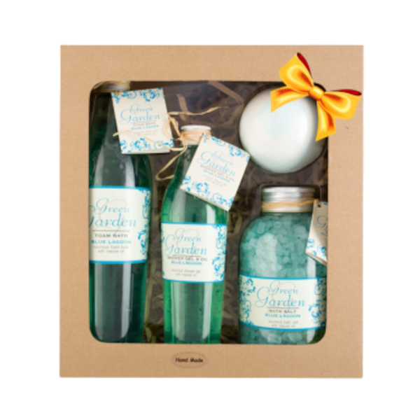 Green Garden Blue Lagoon zestaw: żel pod prysznic, 250 ml + płyn do kąpieli, 400 ml + kula do kąpieli, 100 g + sól do kąpieli Blue Lagoon, 600 g