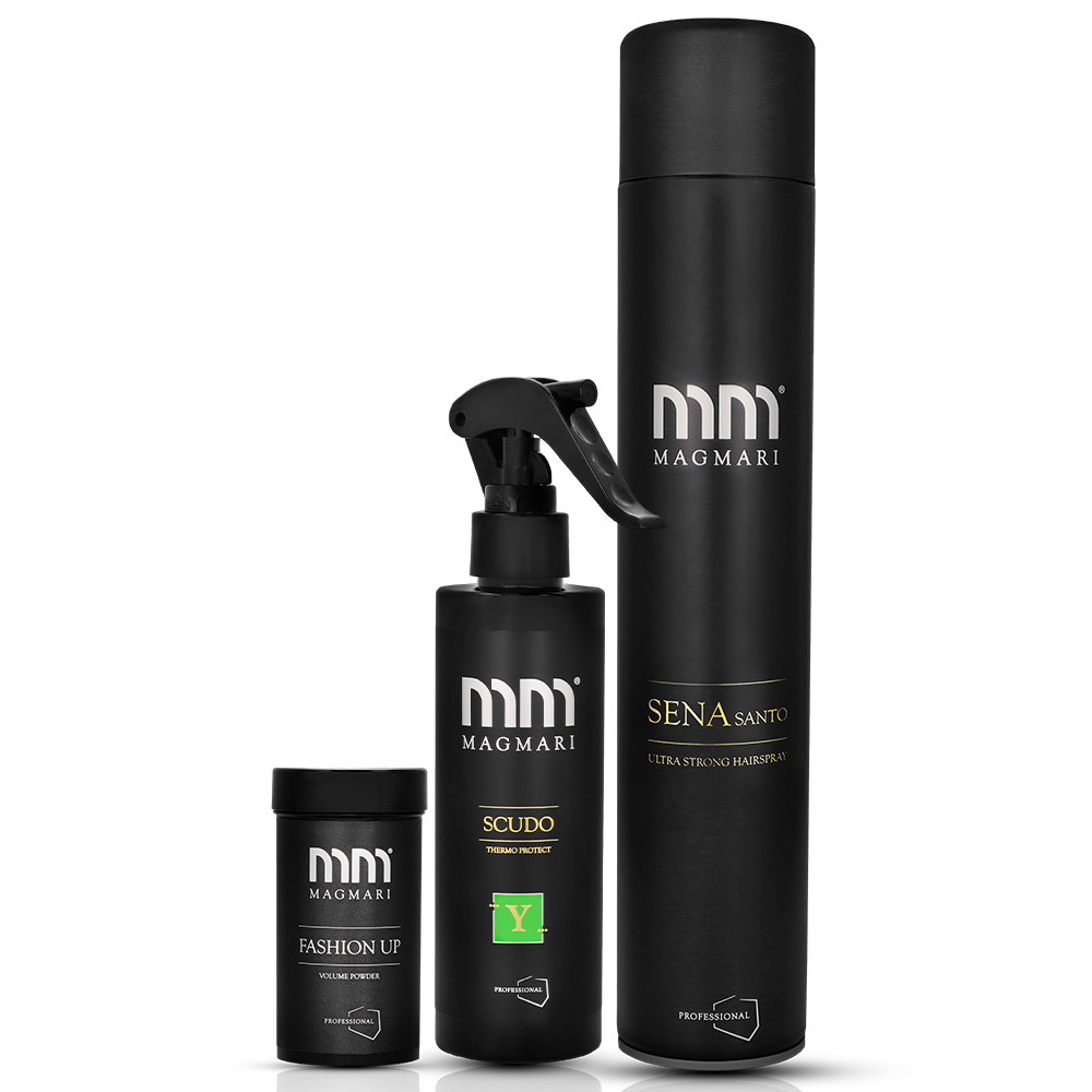 Magmari zestaw: spray termoochronny Scudo, 200 ml + lakier Sena Santo, 750 ml + puder do włosów Fashion Up, 10 g