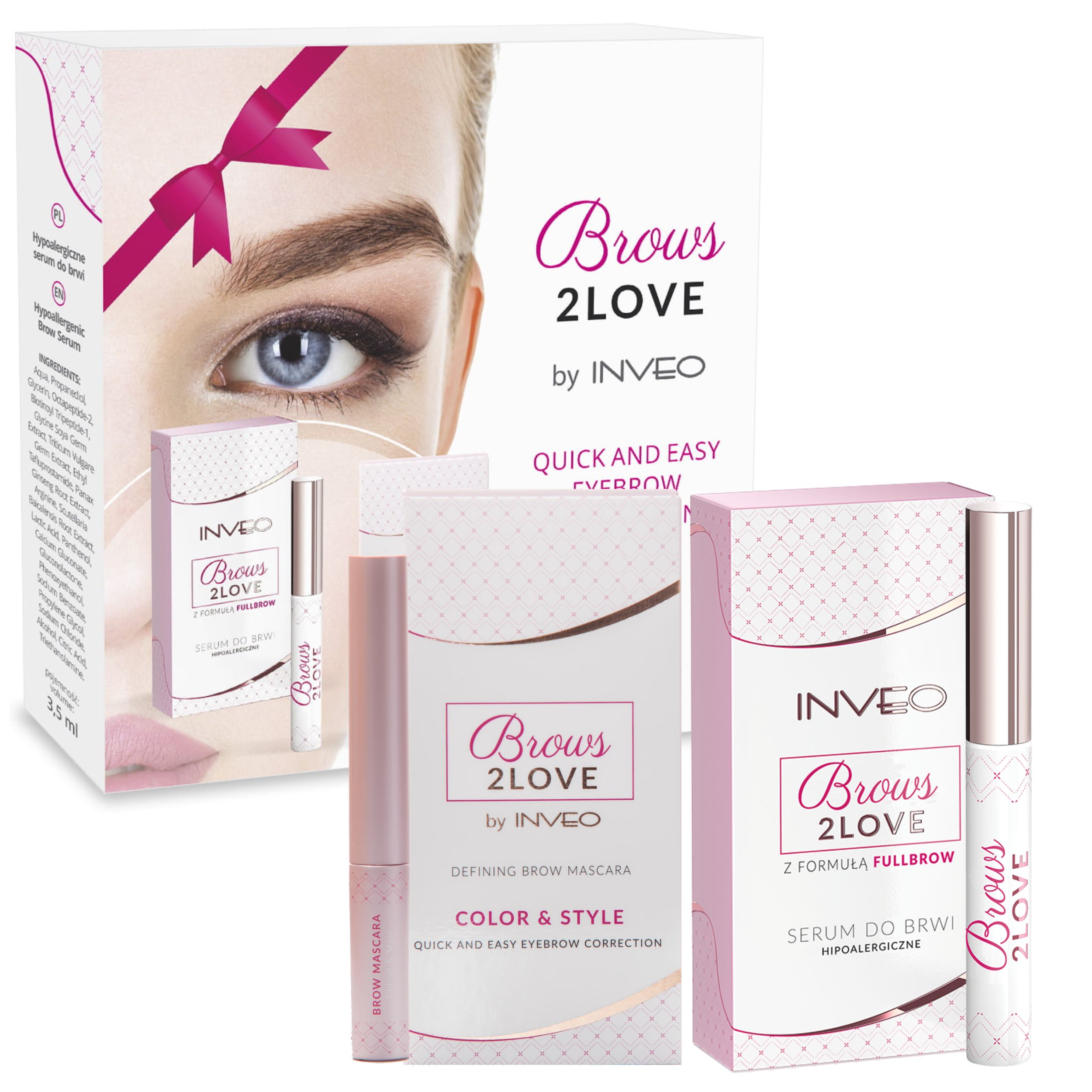 Inveo Lashes2Love zestaw: zagęszczające serum do brwi, 3,5 ml + tusz do brwi brązowy Brows2Love, 5 ml