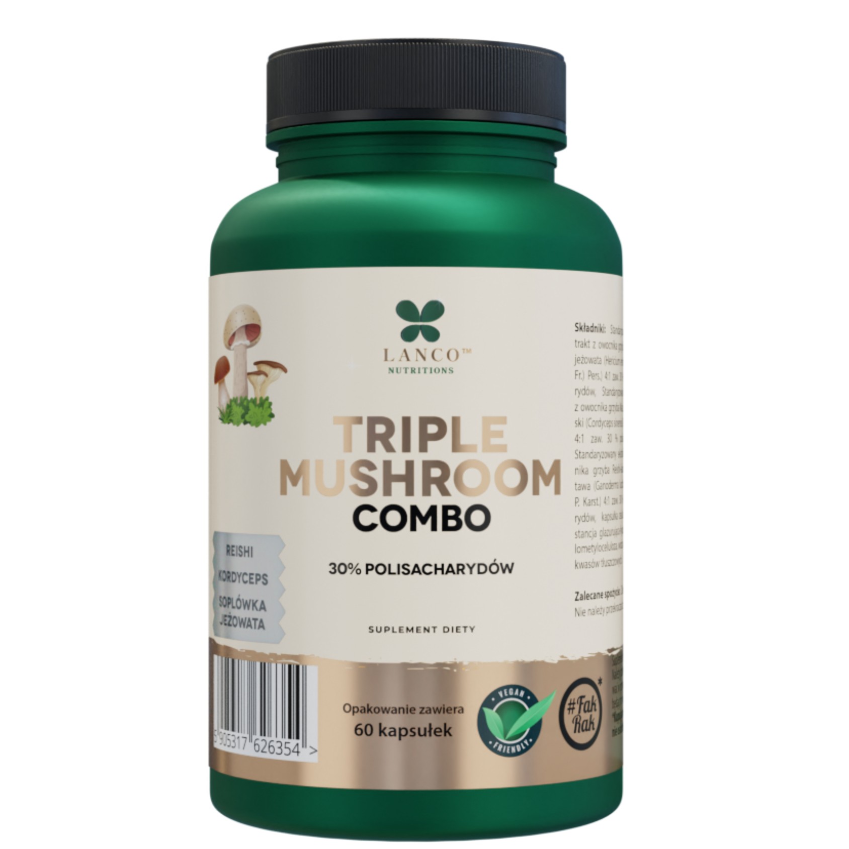Lanco Nutritions Triple Mushroom Combo suplement diety Lion`s mane, reishi, Kordyceps, 60 kaps./1 opak.