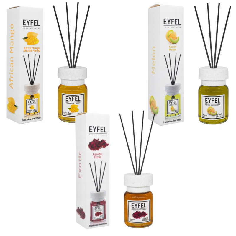 Eyfel zestaw zapachów do domu: zapach egzotyczny, 120 ml + zapach melon, 120 ml + zapach afrykańskie mango, 120 ml