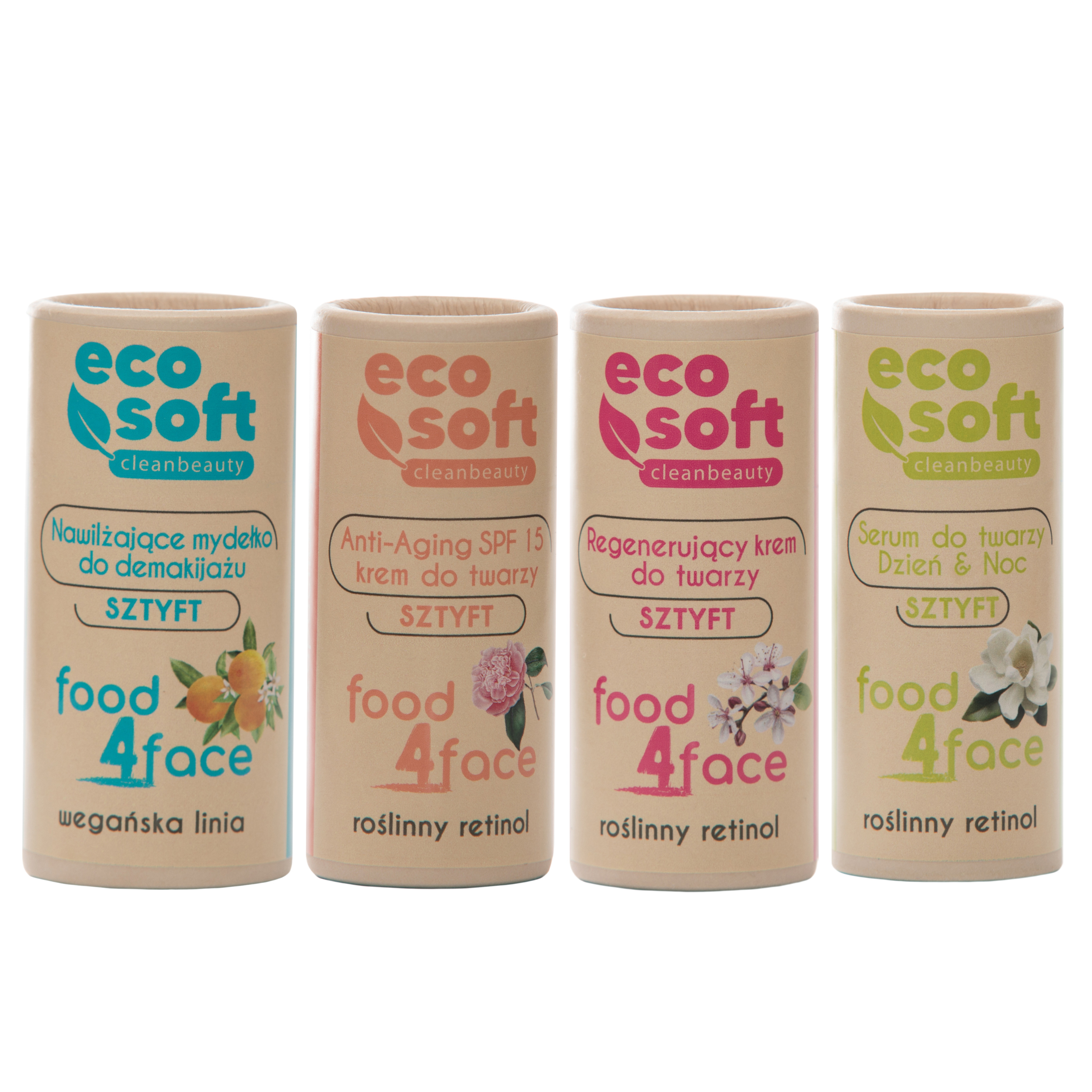 Eco Soft Food4face kompleksowy zestaw do pielęgnacji twarzy z retinolem: krem SPF15, 1 szt. + krem odżywczy, 1 szt. + serum dzień/noc, 1 szt. + myd...