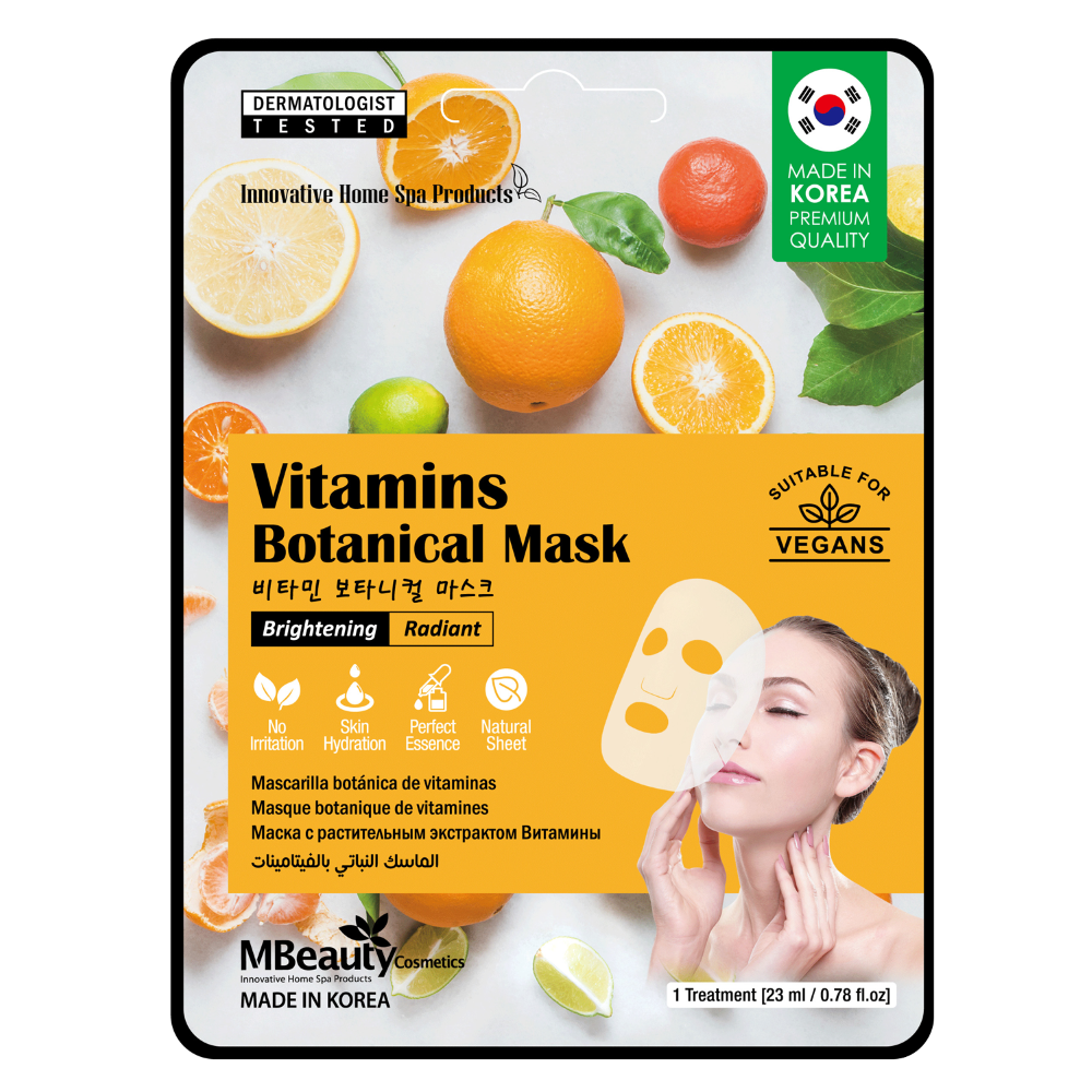MBeauty Vitamins Botanical Mask rozjaśniająca i rozświetlająca maska na płachcie z witaminami, 23 g