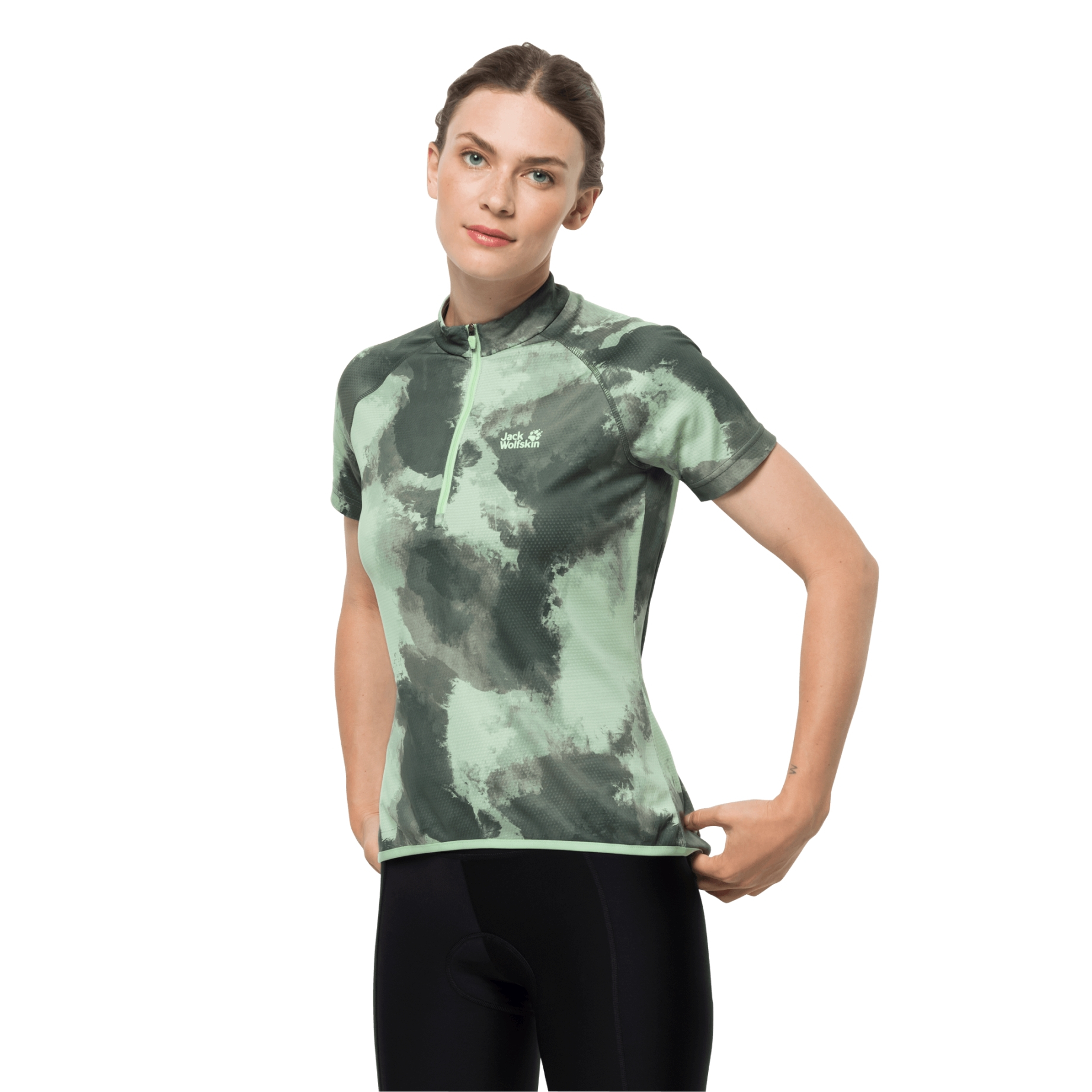 Damska koszulka rowerowa TOURER HALFZIP PRINT T W hedge green allover - S