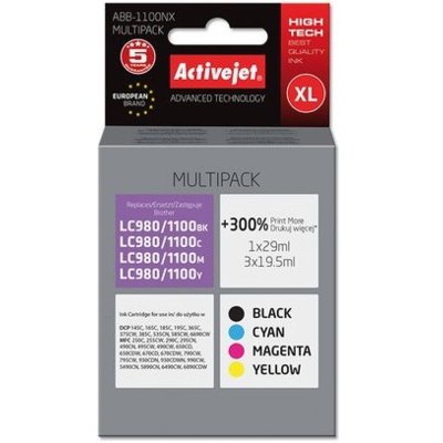 Zestaw tuszów ACTIVEJET do Brother LC-1100 / LC-980 Czarmy 29 ml, Błękitny 19.5 ml, Purpurowy 19.5 ml, Żółty 19.5 ml ABB-1100NX