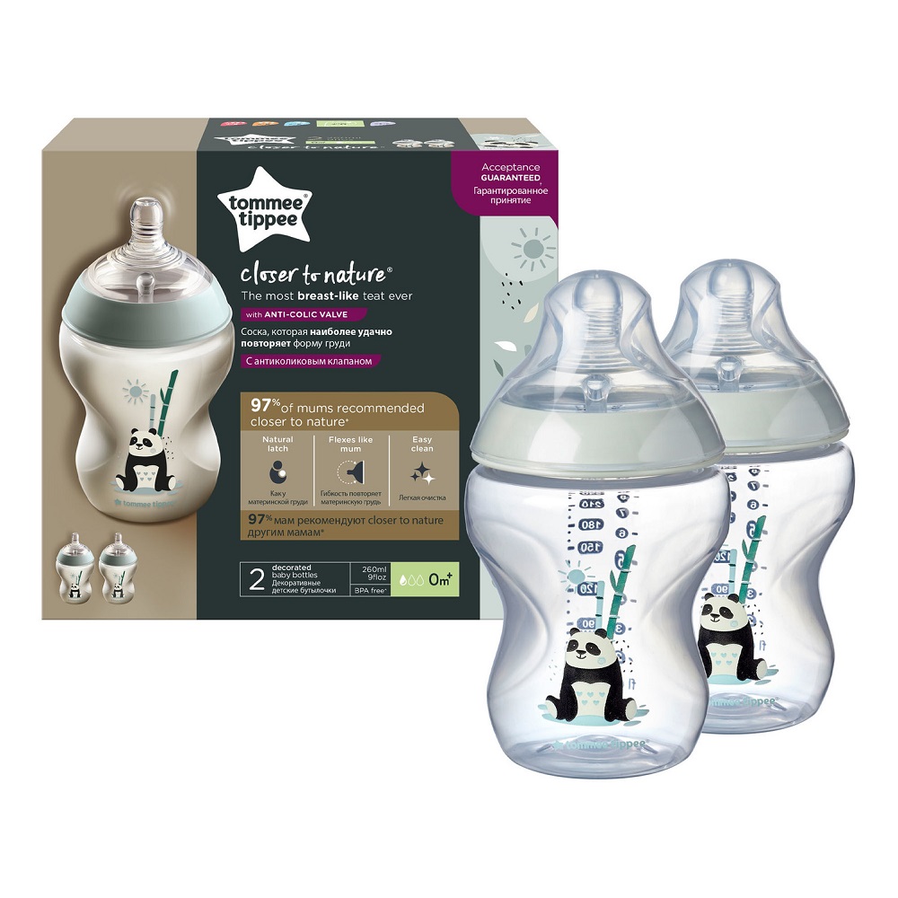 Tommee Tippee Closer To Nature zestaw: butelka do karmienia ze smoczkiem silikonowym 0m+ Panda, poj. 260 ml, 2 szt.