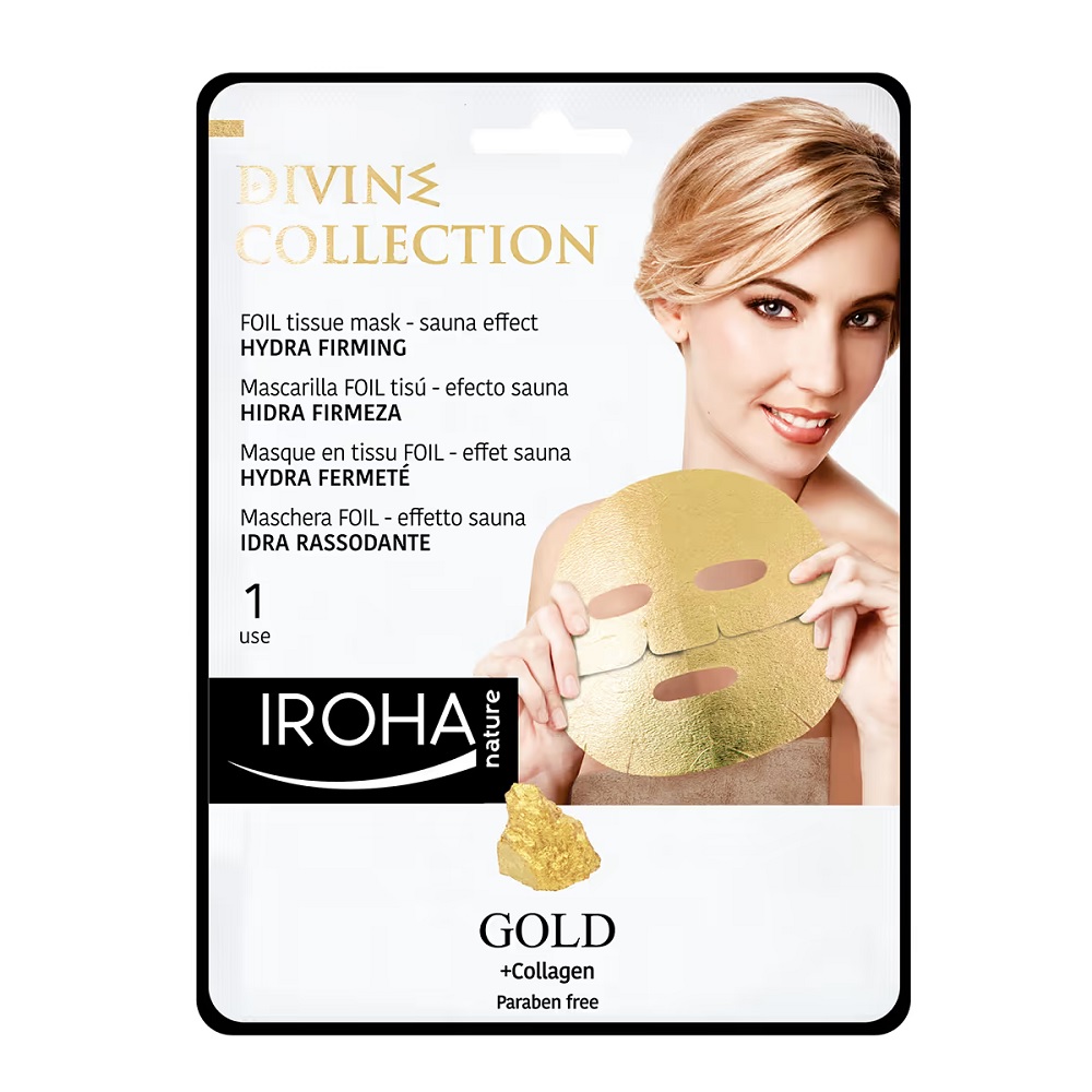 Iroha Nature Divine Gold  nawilżająco-ujędrniająca maska do twarzy w płachcie ze złotem i kolagenem, 25 ml