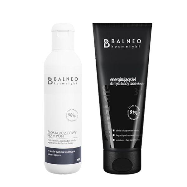 Balneokosmetyki zestaw: energizujący żel do mycia twarzy, ciała i włosów Men's Care 3w1, 200 ml + szampon do włosów tłustych z tendencją do łupieżu...