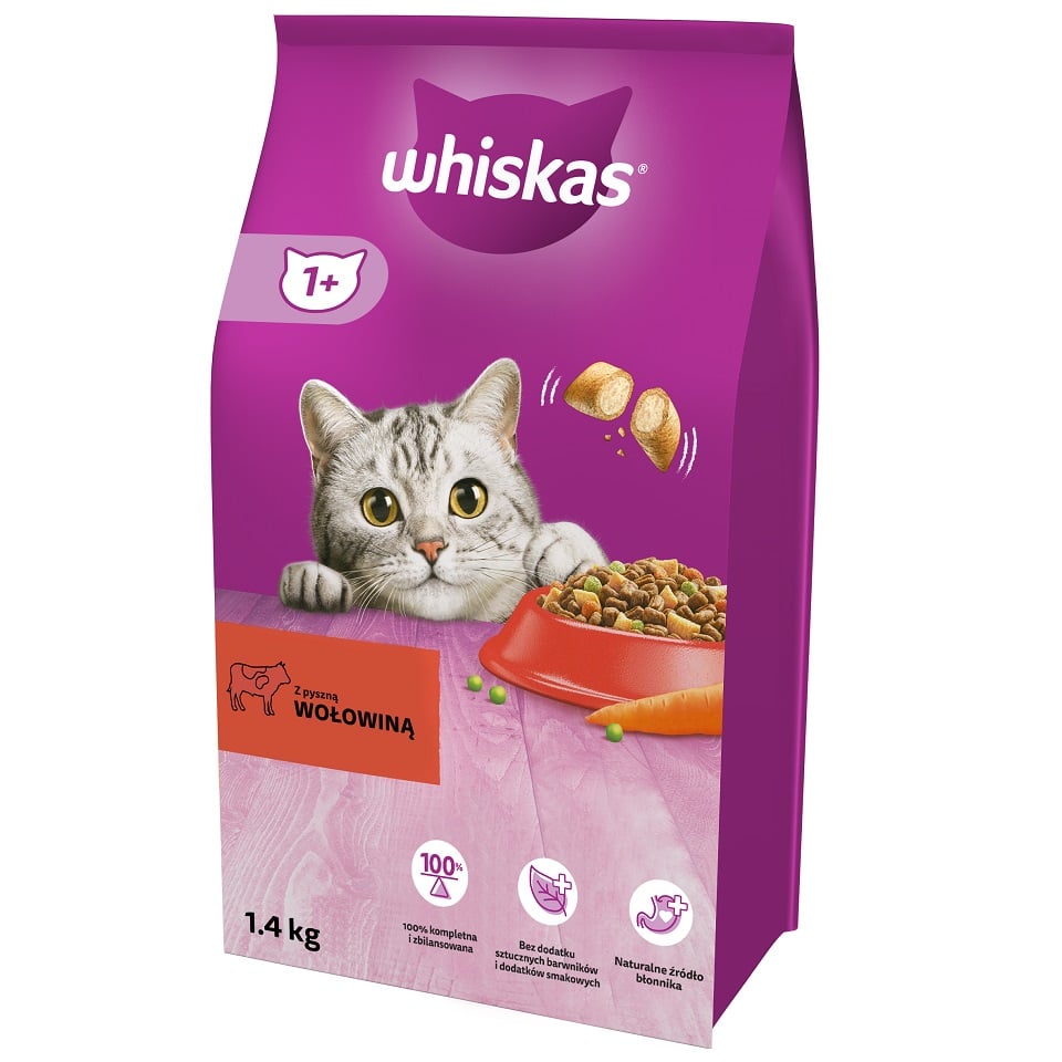 WHISKAS Adult 6x1,4 kg sucha karma pełnoporcjowa dla dorosłych kotów z pyszną wołowiną