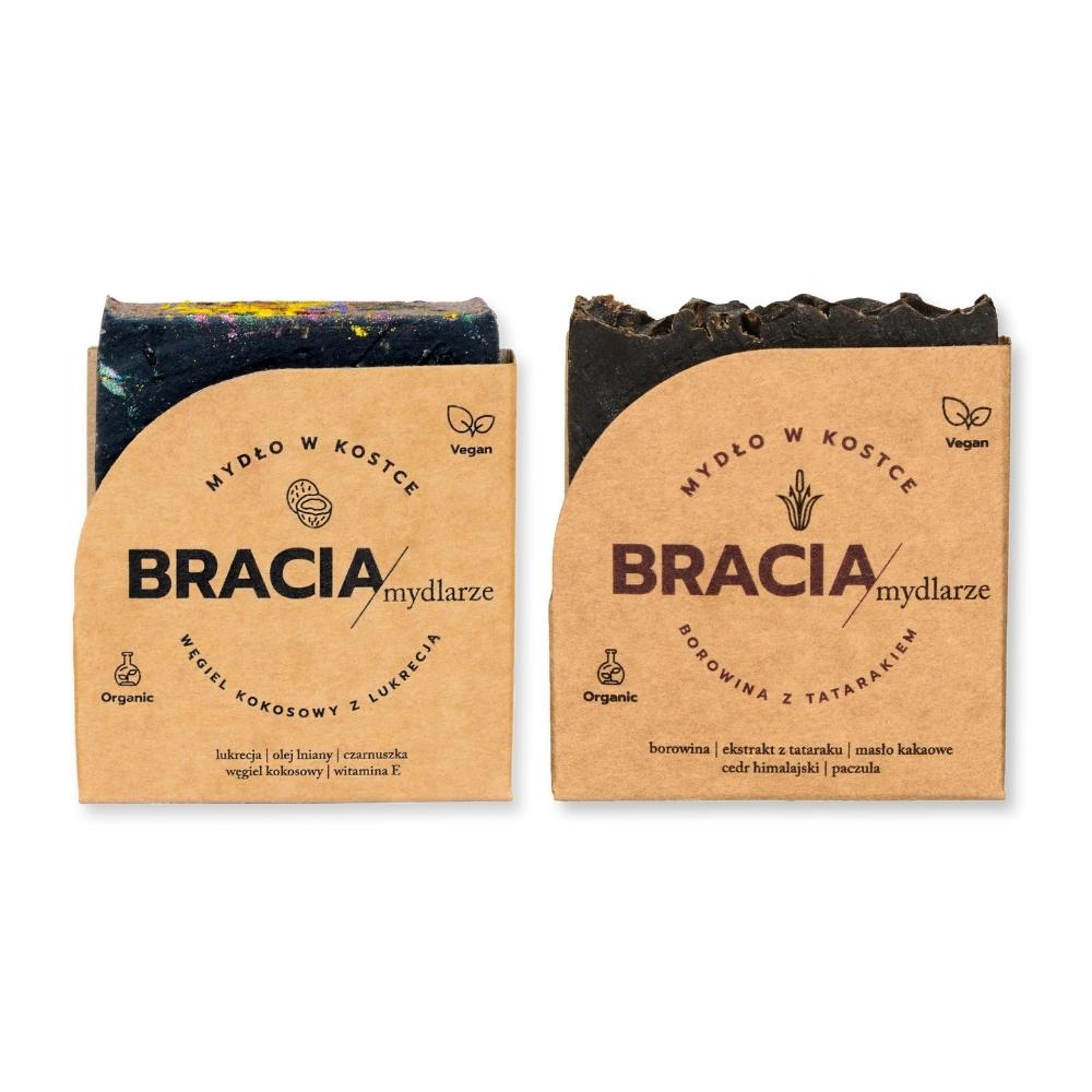 Bracia Mydlarze zestaw: naturalne mydła w kostce borowina i węgiel, 2x120 g