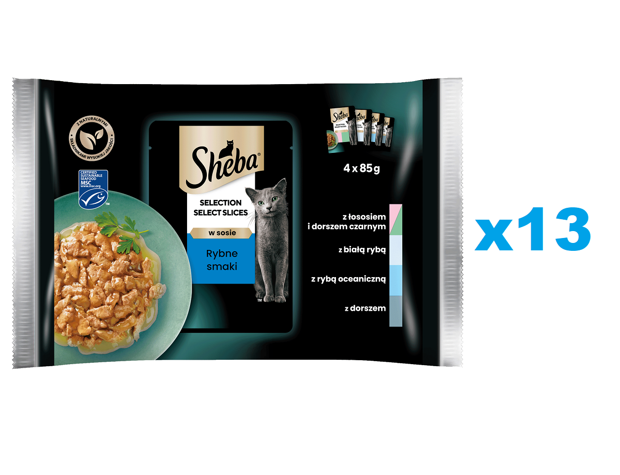 SHEBA Selection Select Slices Rybne Smaki 52x85g mokra karma pełnoporcjowa dla kotów w sosie kawałki z łososiem i dorszem czarnym, białą rybą, rybą oceaniczną, dorszem