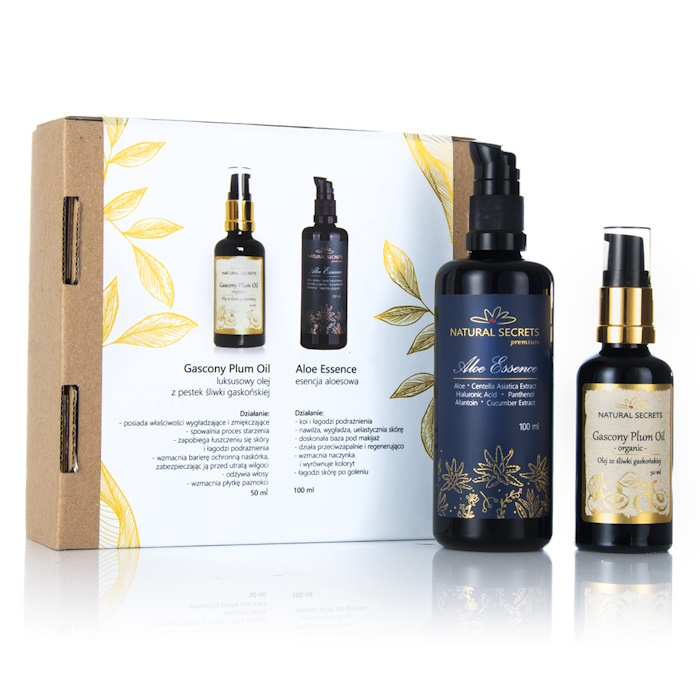 Natural Secrets Premium zestaw Aloe & Plum: esencja aloesowa, 100 ml + luksusowy organiczny olej z pestek śliwki gaskońskiej, 50 ml