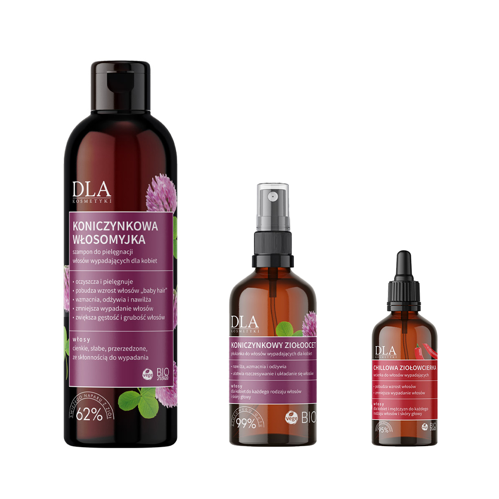 Kosmetyki DLA zestaw: koniczynkowa włosomyjka - szampon do włosów wypadających, 200 g + chillowa ziołowcierka, 50 g + koniczynkowy ziołoocet płukan...