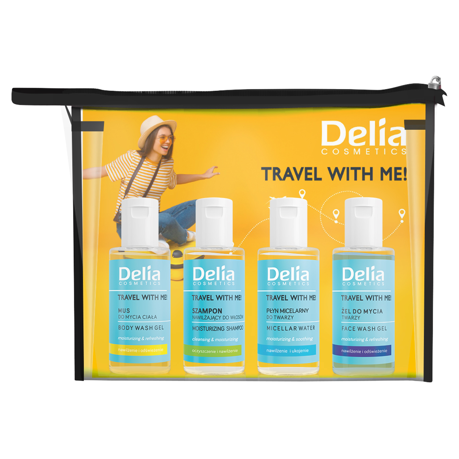 Delia Travel With Me zestaw: mus do mycia ciała, 50 ml + nawilżający szampon do włosów, 50 ml + płyn micelarny do twarzy, 50 ml + żel do mycia twar...