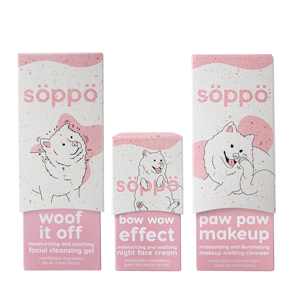 Söppö Woof Fluff zestaw: krem do twarzy, 50 ml + żel do mycia twarzy, 100 ml + olejek do demakijażu, 100 ml + przypinka, 1 szt.