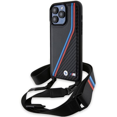 Etui BMW M Edition Carbon Tricolor Lines Strap do Apple iPhone 15 Pro Czarny
