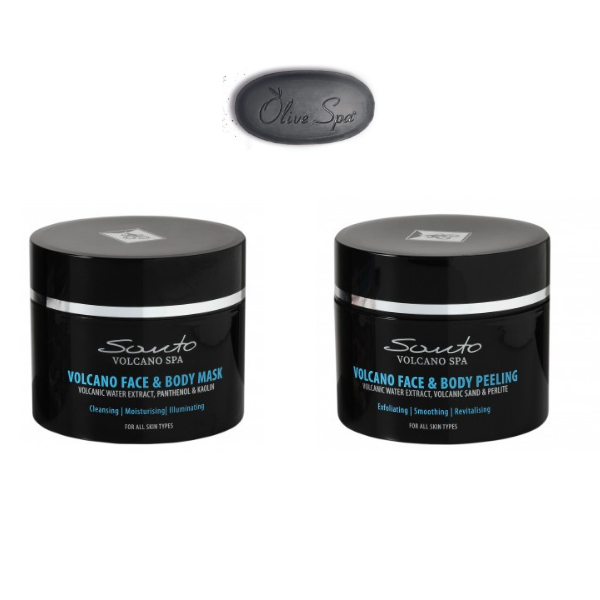 Santo Volcano Spa zestaw złuszczająco-regenerujący: peeling do ciała i twarzy, 200 ml + maska do ciała i twarzy, 200 ml + czarne mini mydło do twar...