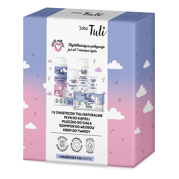 Luba Tuli zestaw: płyn do kąpieli o zapachu mango, 400 ml + mleczko do ciała, + szampon do włosów, 250 ml + krem do twarzy, 50 ml + chusteczki nawi...