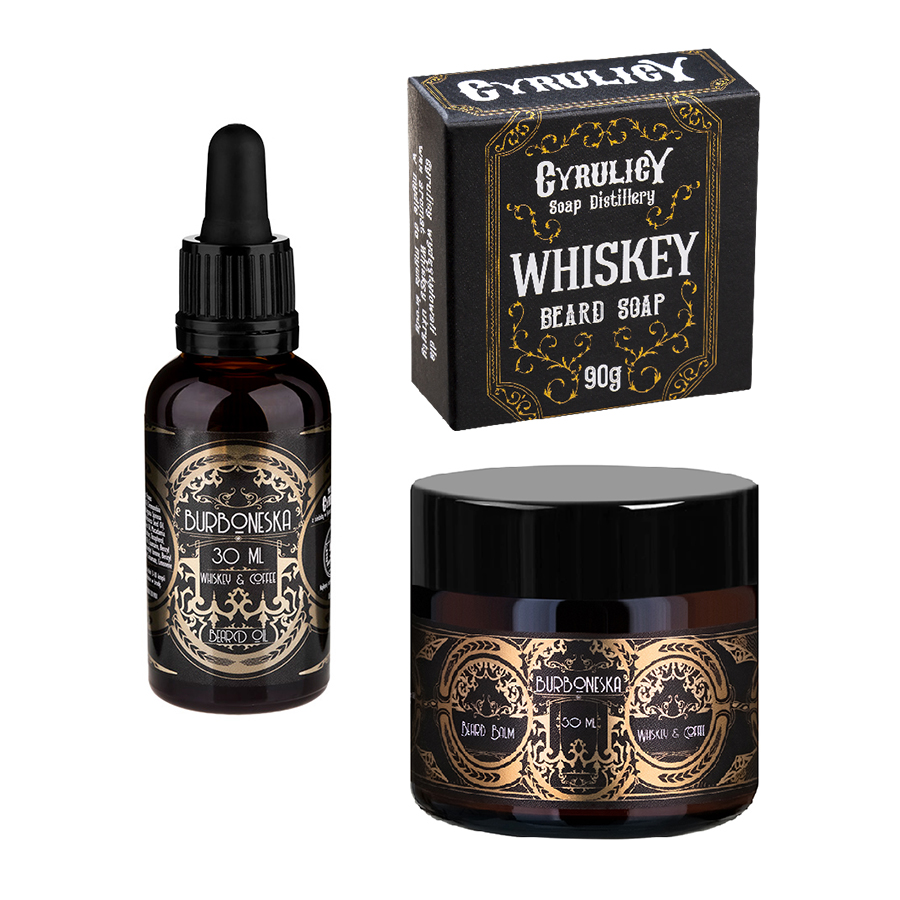 Cyrulicy Whiskey & Coffee zestaw kosmetyków do brody: olejek Burboneska, 30 ml + balsam Burboneska, 50 ml + mydło do brody Whiskey, 90 g